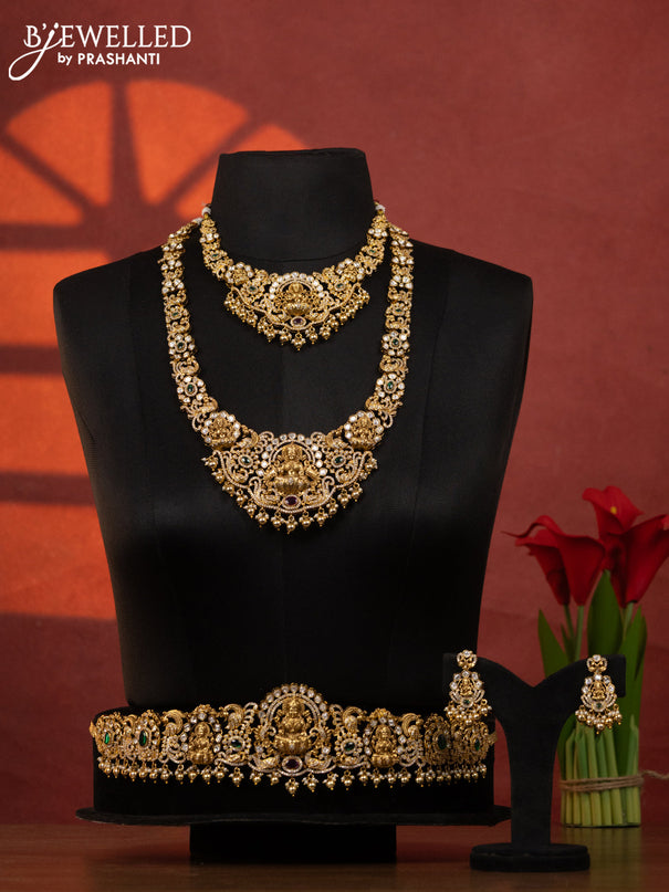Antique bridal set lakshmi design with kemp & kundan cz stones and pearl & golden beads hangings