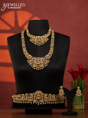 Antique bridal set lakshmi design with kemp & kundan cz stones and pearl & golden beads hangings