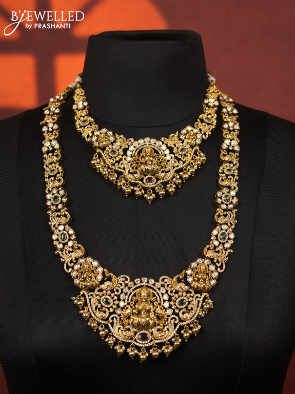 Antique bridal set lakshmi design with kemp & kundan cz stones and pearl & golden beads hangings