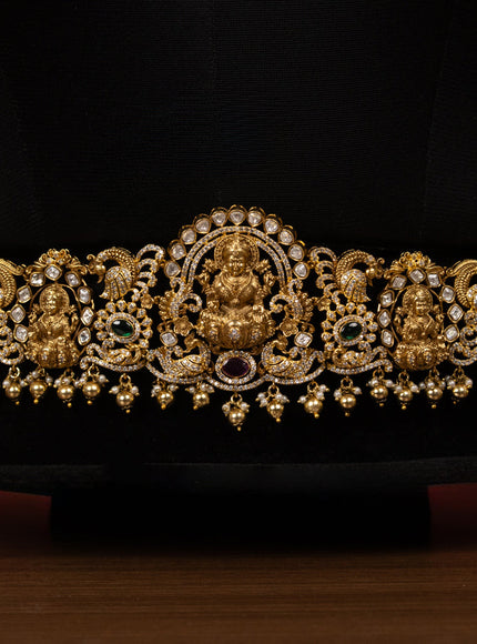 Antique bridal set lakshmi design with kemp & kundan cz stones and pearl & golden beads hangings