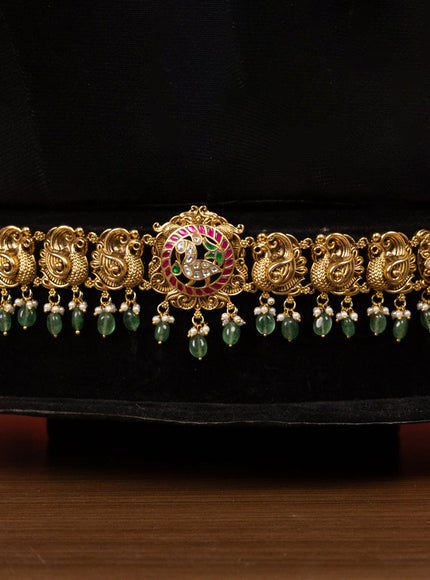 Antique bridal set peacock design with jadau kundan stones and pearl & green beads hangings