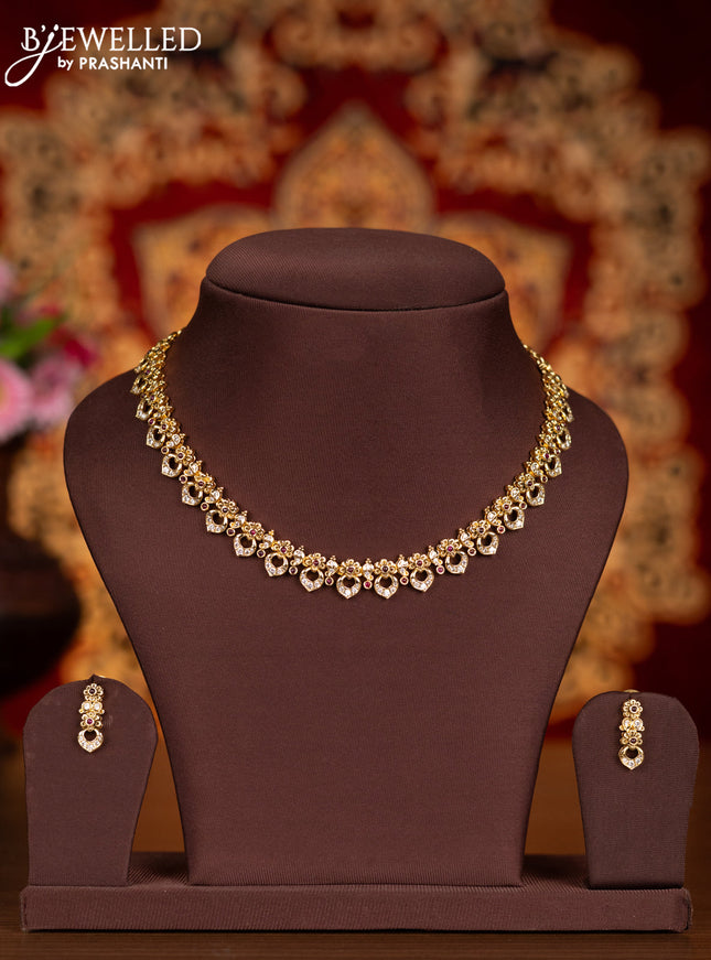 Antique necklace floral design with pink kemp and cz stones