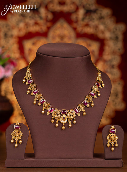 Antique necklace lashmi design with pink kemp & cz stones and golden beads hangings