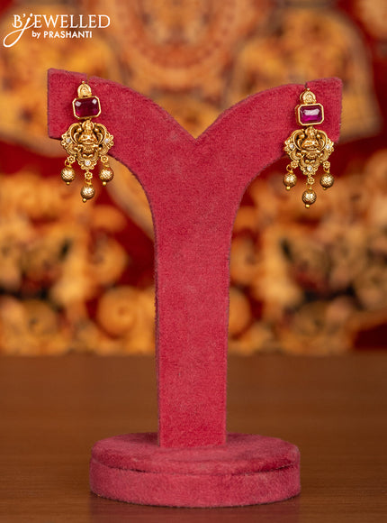 Antique necklace lashmi design with pink kemp & cz stones and golden beads hangings