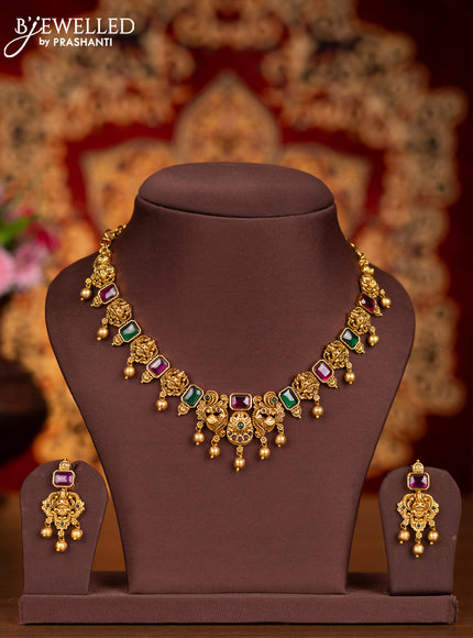 Antique necklace lashmi design with kemp stones and golden beads hangings