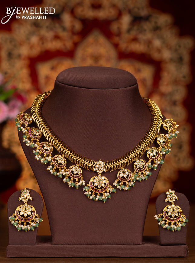Antique necklace with kemp & cz stones and mint green beads hangings