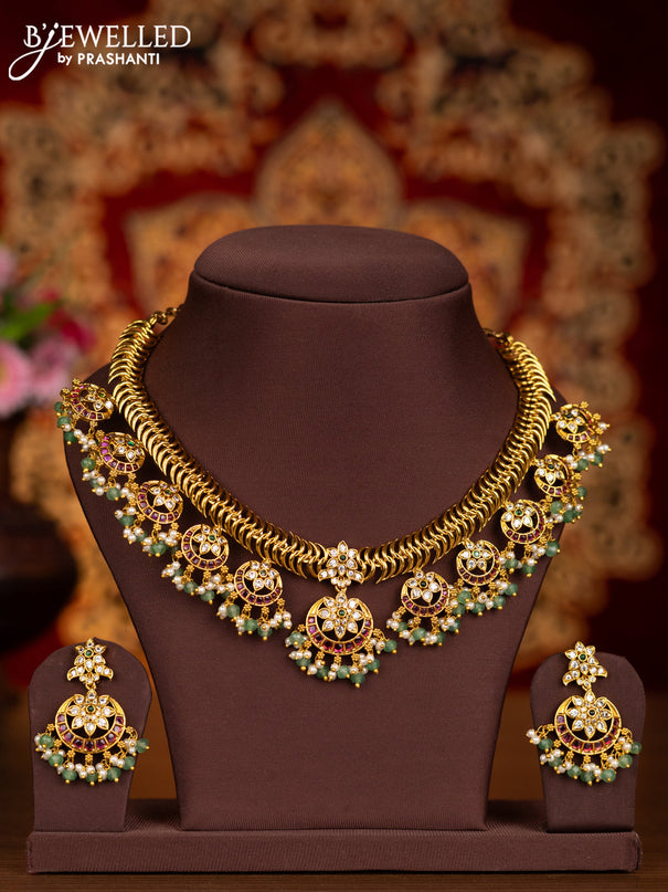 Antique necklace with kemp & cz stones and mint green beads hangings