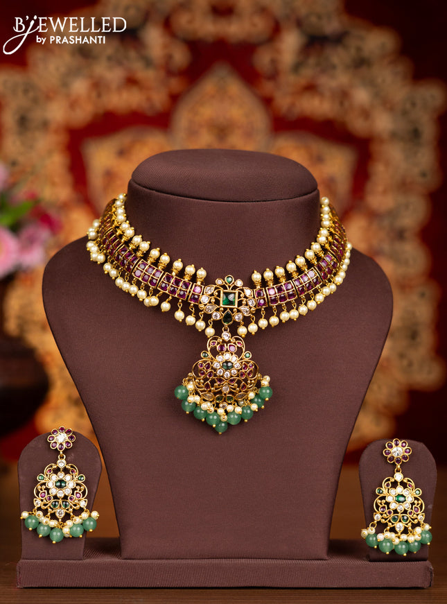Antique necklace with kemp & kundan stones and pearl & mint green beads hangings