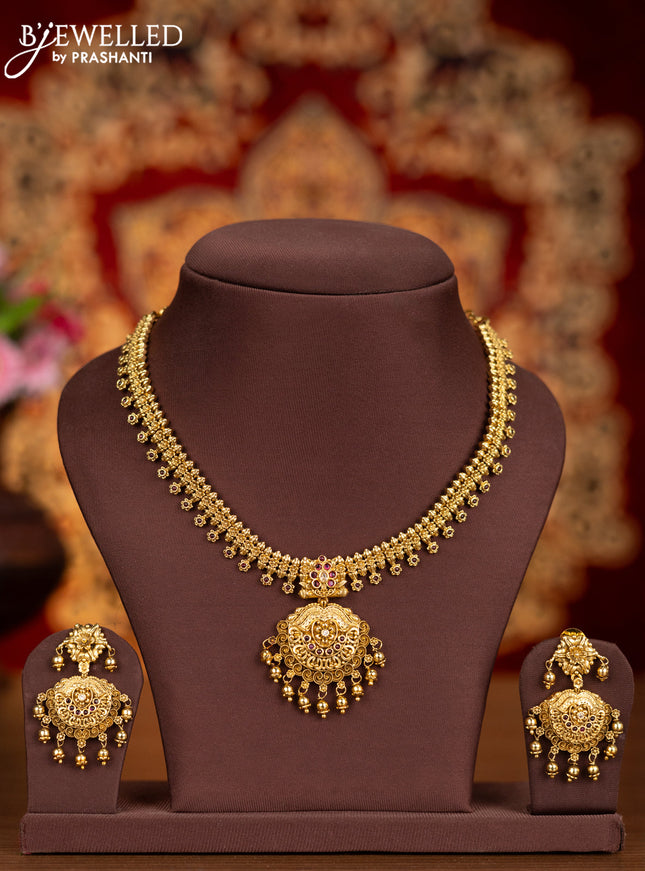 Antique necklace floral design with pink kemp & cz stones and golden beads hangings