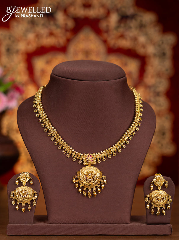 Antique necklace floral design with pink kemp & cz stones and golden beads hangings
