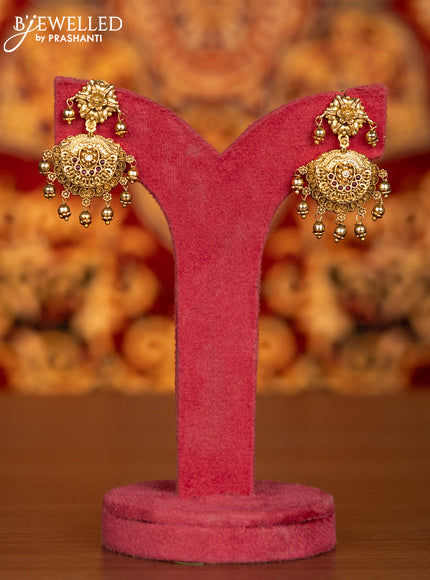 Antique necklace floral design with pink kemp & cz stones and golden beads hangings