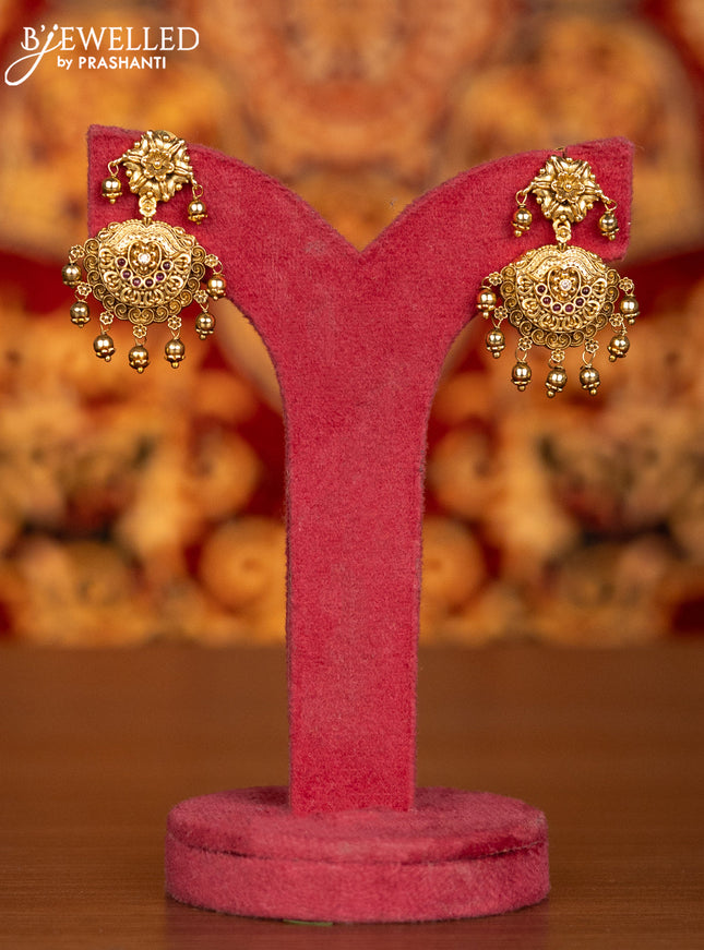 Antique necklace floral design with pink kemp & cz stones and golden beads hangings