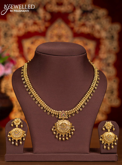 Antique necklace floral design with pink kemp stones and golden beads hangings