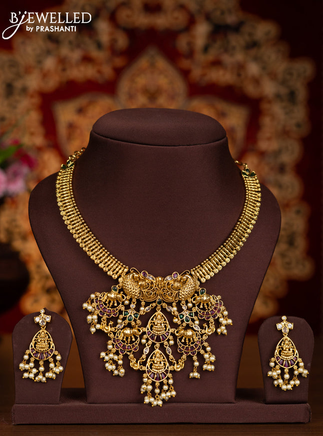 Antique necklace lakshmi design with kemp & cz stones and pearl hangings
