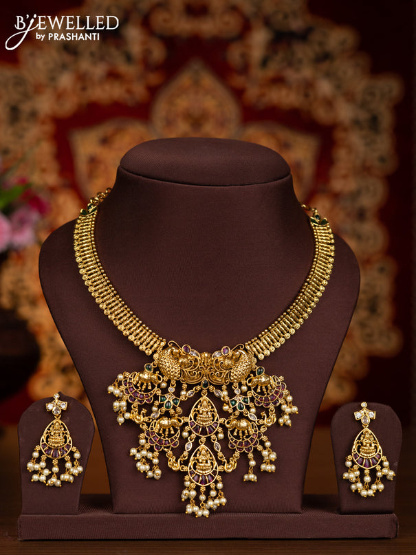 Antique necklace lakshmi design with kemp & cz stones and pearl hangings