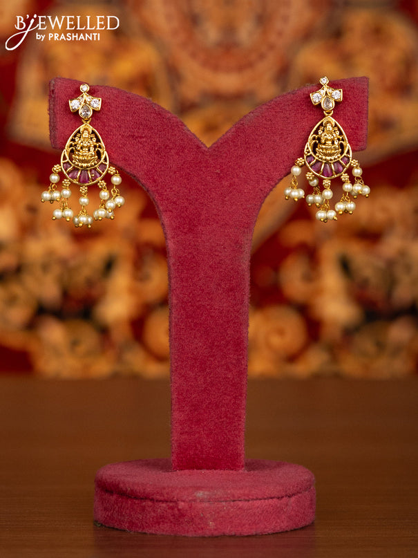 Antique necklace lakshmi design with kemp & cz stones and pearl hangings