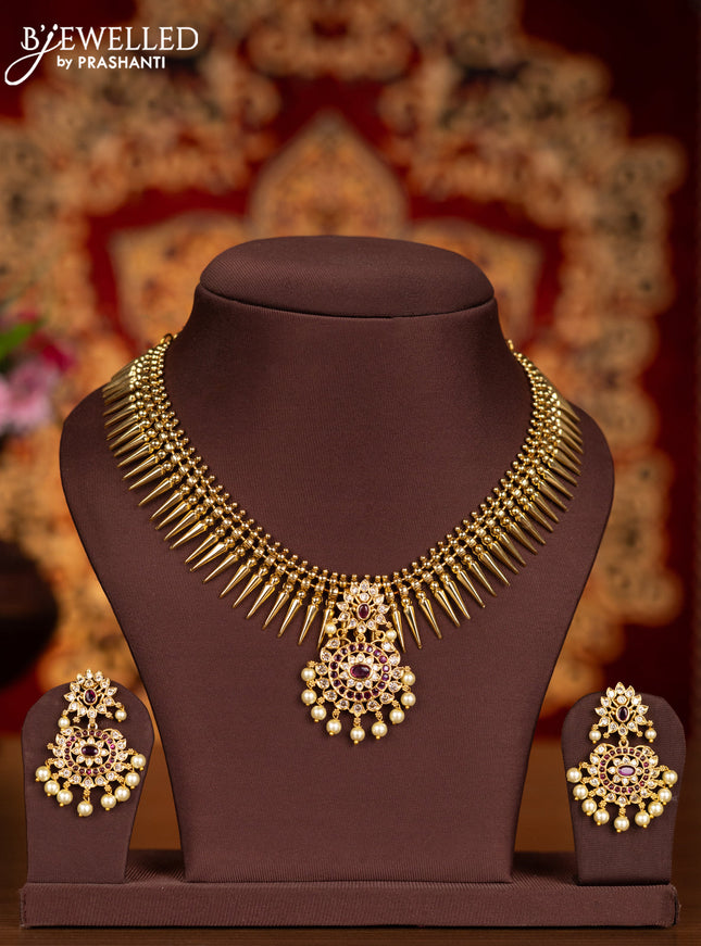 Antique necklace with pink kemp & cz stones and pearl hangings