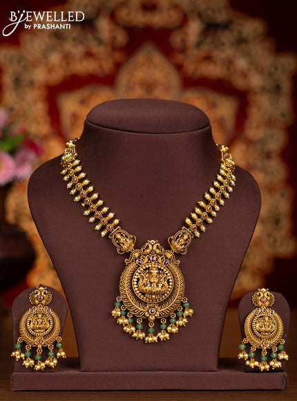 Antique necklace lakshmi pendant with pink kemp stones and pearl hangings