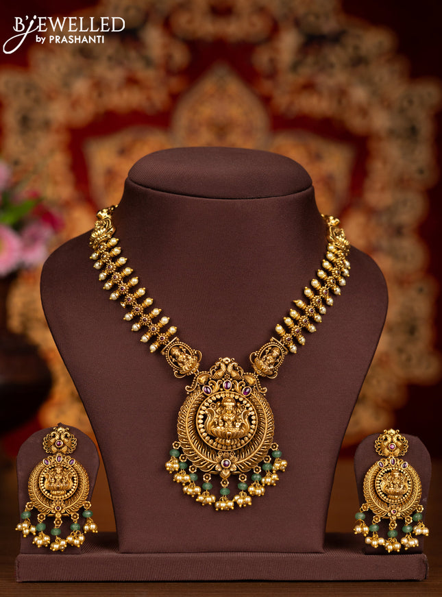 Antique necklace lakshmi pendant with pink kemp stones and pearl hangings