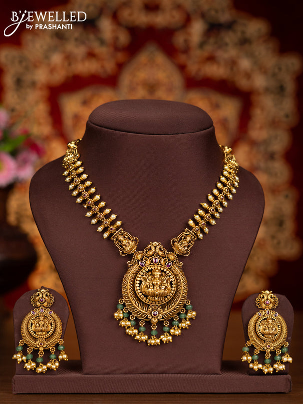 Antique necklace lakshmi pendant with pink kemp stones and pearl hangings