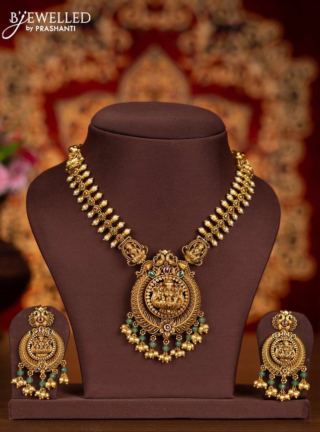 Antique necklace lakshmi pendant with kemp stones and pearl hangings