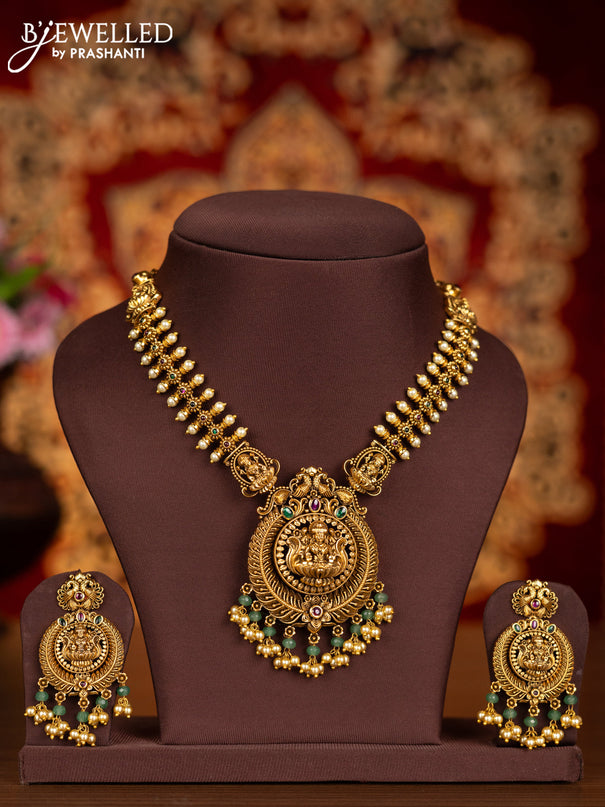Antique necklace lakshmi pendant with kemp stones and pearl hangings