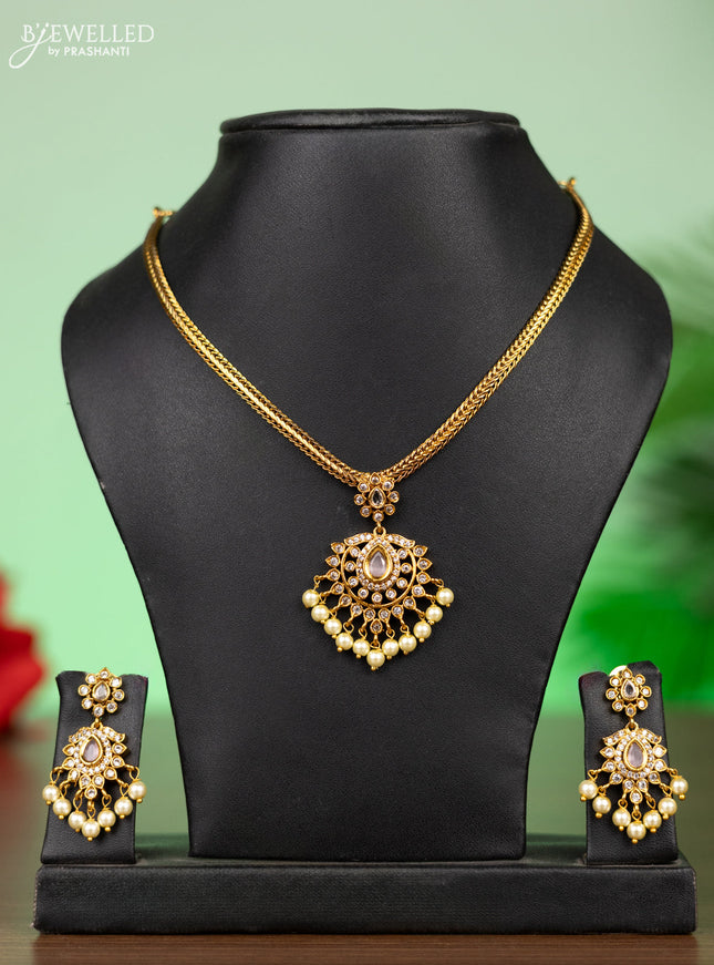 Antique attigai necklace with baby pink & cz stones and pearl hangings