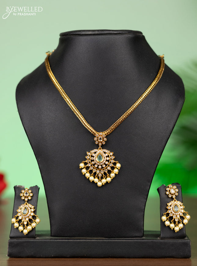 Antique attigai necklace with mint green & cz stones and pearl hangings