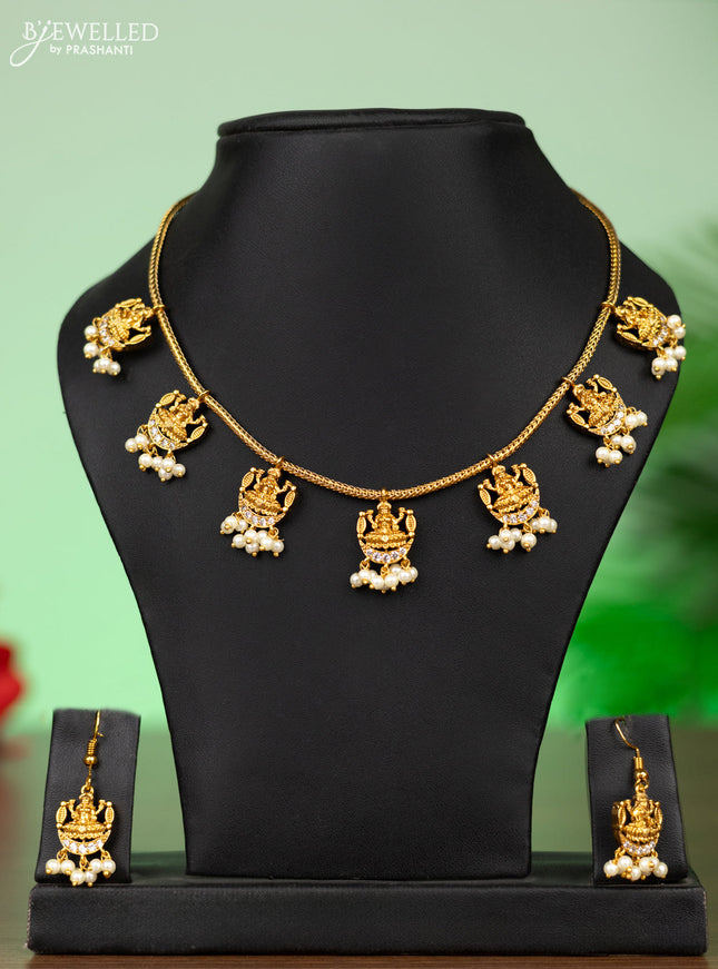 Antique attigai necklace lakshmi design with cz stones and pearl hangings