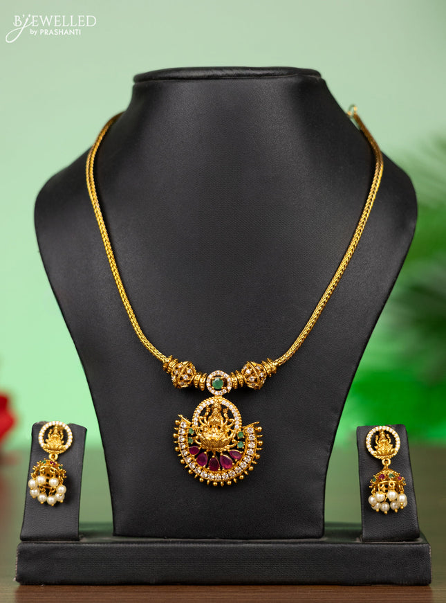 Antique attigai necklace lakshmi pendant with kemp and cz stones