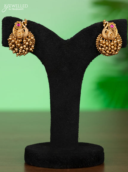 Antique attigai necklace peacock design with pink kemp stones and golden beads hangings