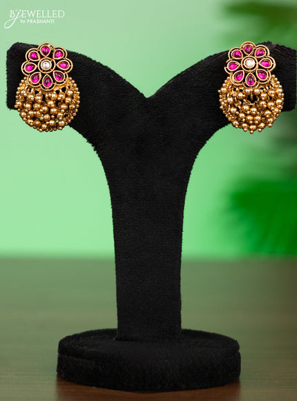 Antique attigai necklace with pink kemp stones and golden beads hangings