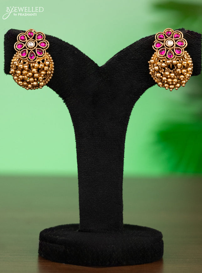 Antique attigai necklace with pink kemp stones and golden beads hangings
