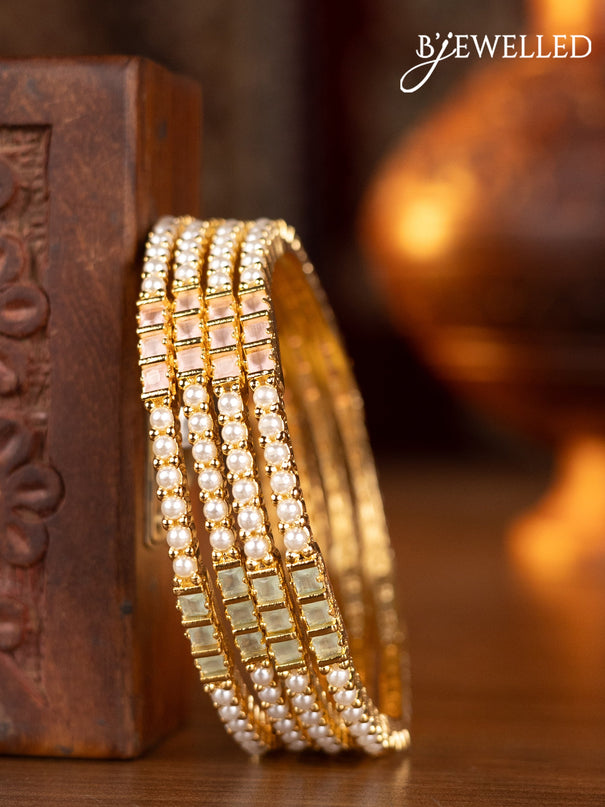 Pearl bangles floral design with mint green & baby pink stones and pearls in gold finish