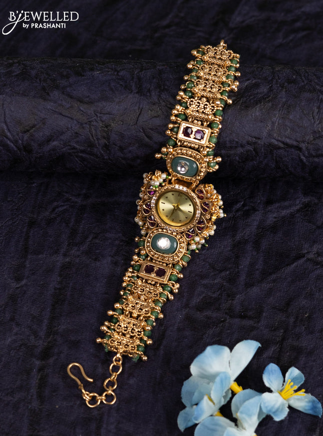 Antique watches with kemp & kundan cz stones and golden beads hangings