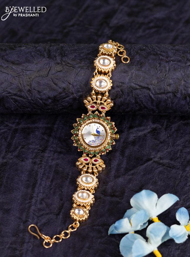 Antique watches peacock design with pink jadau kundan and cz stones