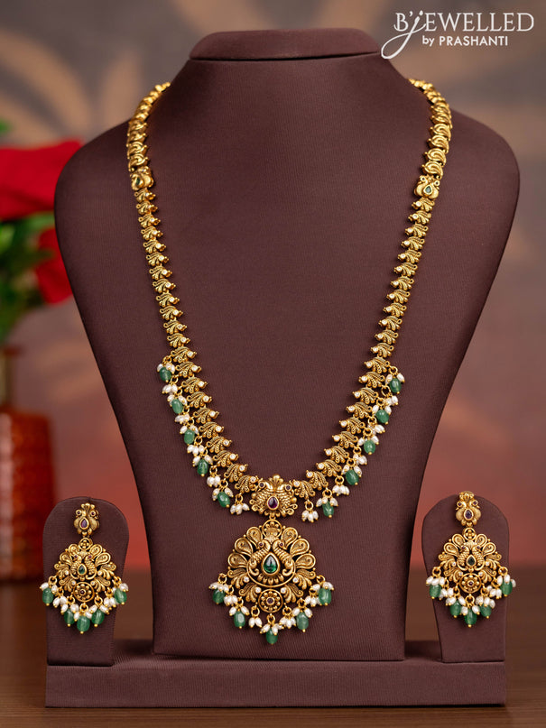 Antique haaram peacock design with kemp stones and pearl & mint green beads hangings