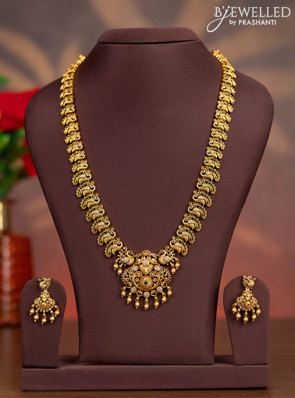Antique haaram peacock design with kemp & cz stones and golden beads hangings