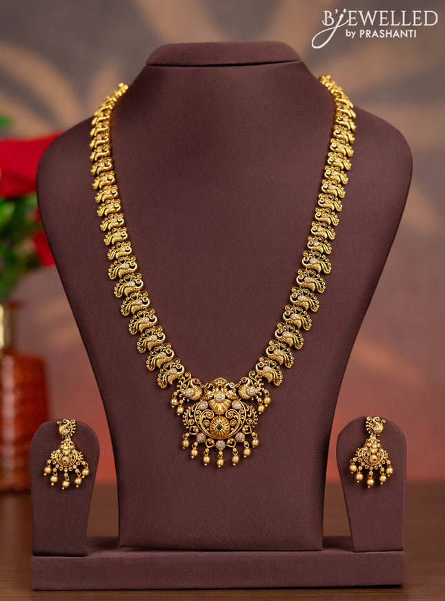 Antique haaram peacock design with kemp & cz stones and golden beads hangings
