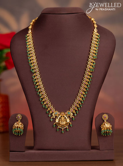 Antique haaram lakshmi pendant with kemp & cz stones and mint green beads hangings