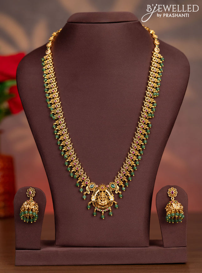 Antique haaram lakshmi pendant with kemp & cz stones and mint green beads hangings