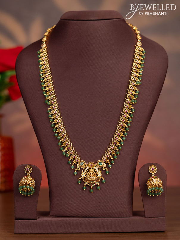 Antique haaram lakshmi pendant with kemp & cz stones and mint green beads hangings