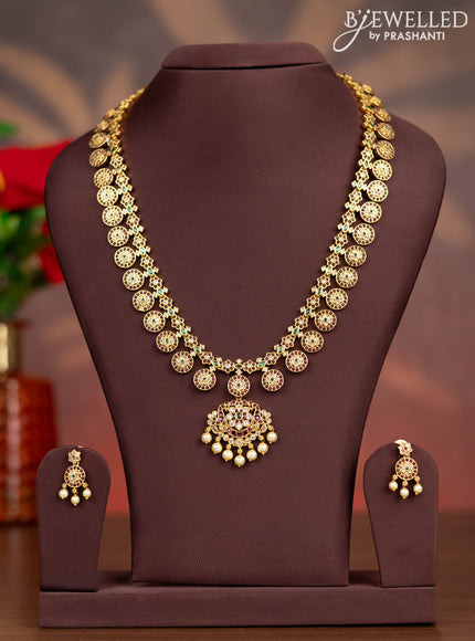 Antique haaram floral design with kemp & cz stones and pearl hangings