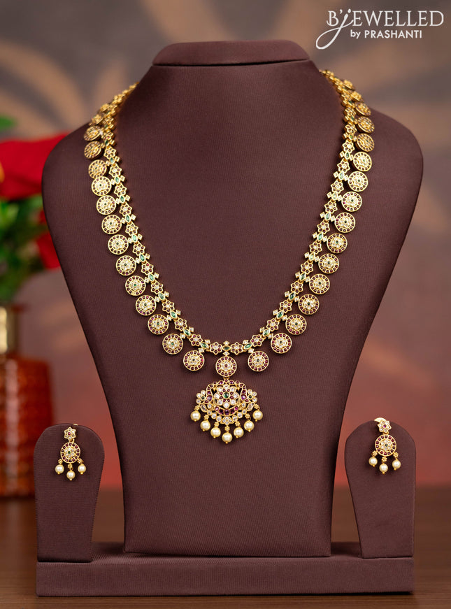 Antique haaram floral design with kemp & cz stones and pearl hangings