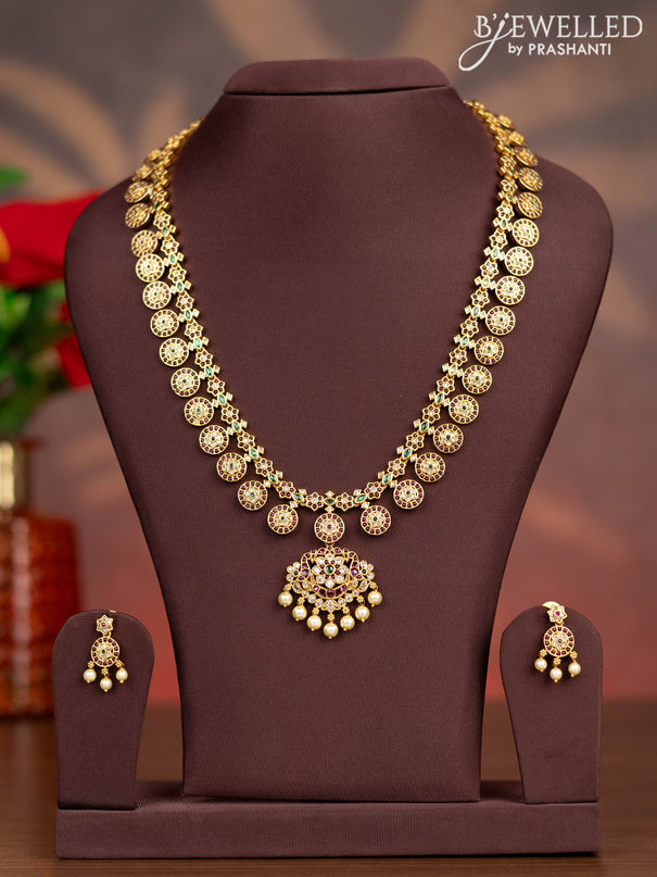 Antique haaram floral design with kemp & cz stones and pearl hangings