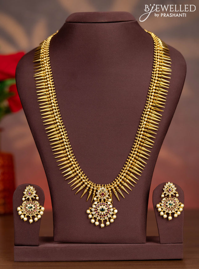 Antique haaram simple design with kemp & cz stones and pearl hangings