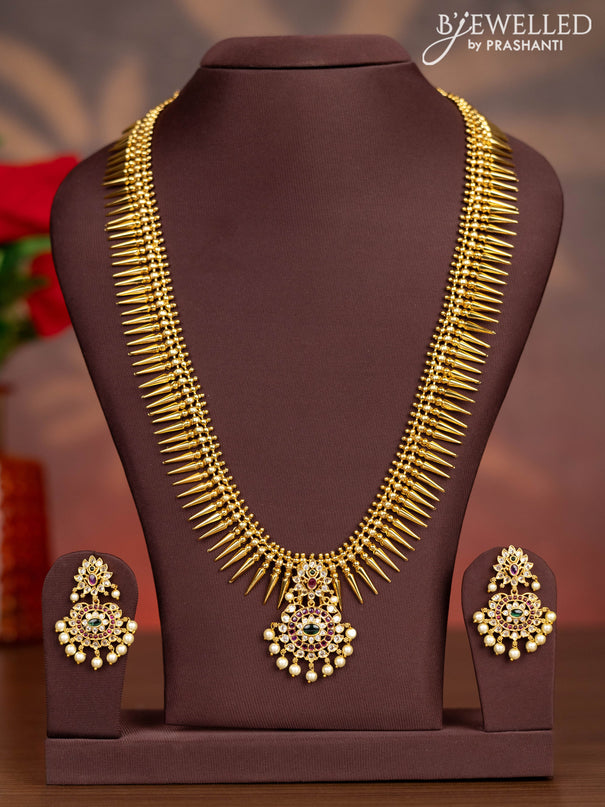 Antique haaram simple design with kemp & cz stones and pearl hangings