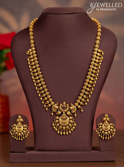 Antique haaram lakshmi & peacock design with kemp stones and golden beads hangings