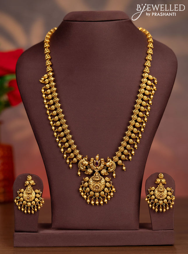 Antique haaram lakshmi & peacock design with kemp stones and golden beads hangings