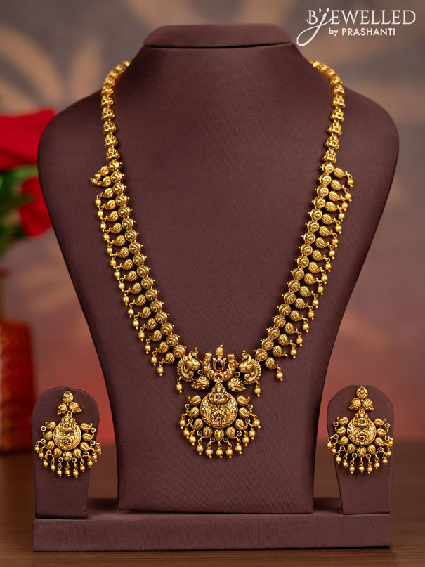 Antique haaram lakshmi & peacock design with kemp stones and golden beads hangings